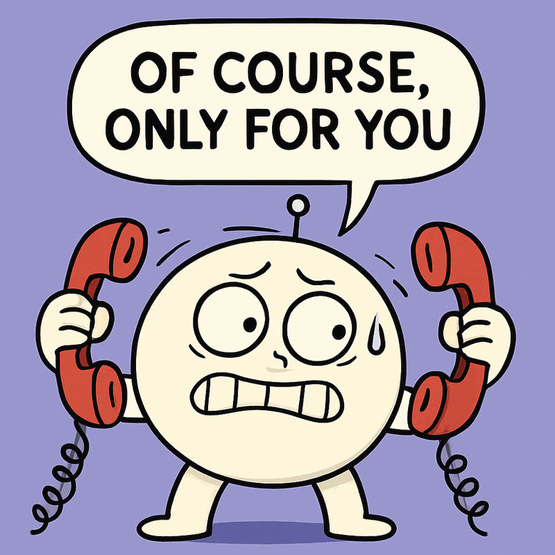 a worried cream-colored blob assistant holding two red phone handsets, sweating, a speech bubble above reading OF COURSE, ONLY FOR YOU